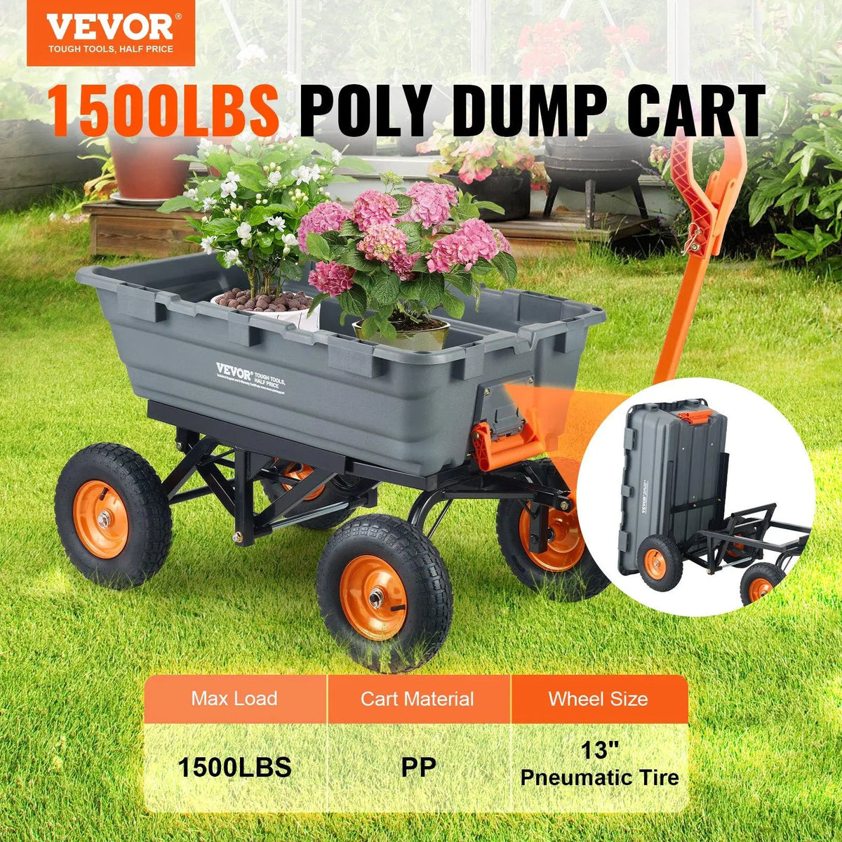 Polyethylene garden dump cart